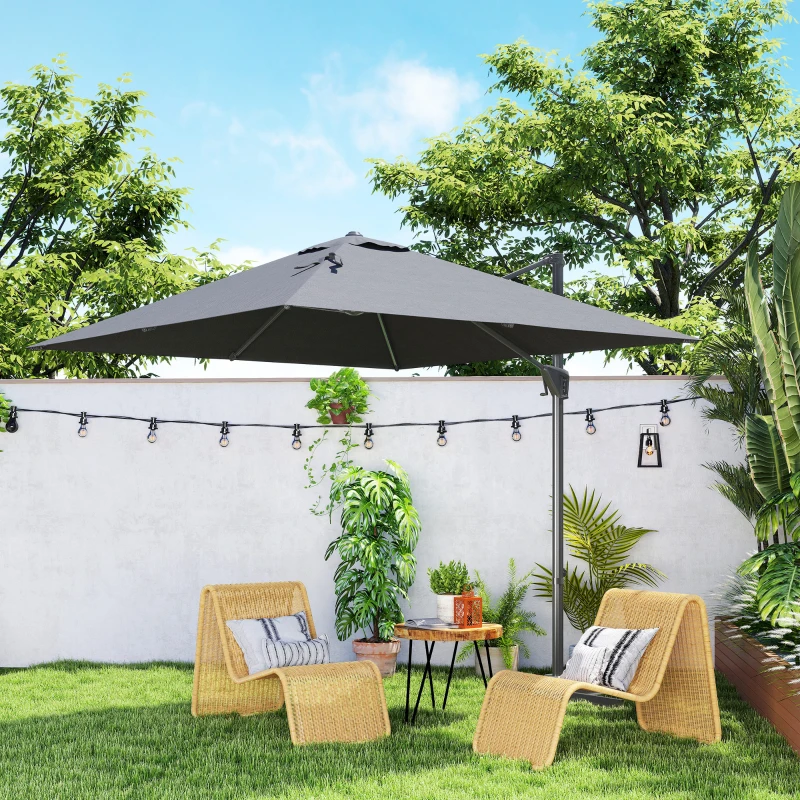 Outsunny 8'x8' Square Patio Hanging Offset Umbrella, Outdoor Cantilever Parasol w/ Cross Base, Dark Grey