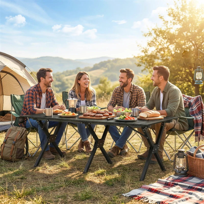 Outsunny 4ft Folding Camping Table, Waterproof Picnic Table with Roll Up Top and Metal Frame, Black