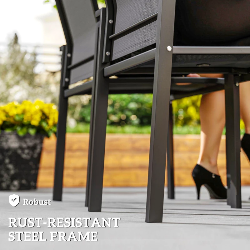 Outsunny Set of 2 Outdoor Garden Chairs, Stackable Patio Dining Chairs with Breathable Fabric, Armrests and Backrest, Dark Grey