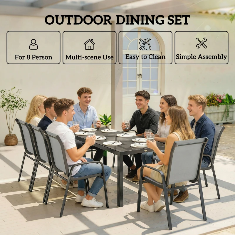 Outsunny 9 Pieces Patio Set with Stackable Chairs, Patio Dining Set with Glass Top for Garden, Patio, Backyard, Light Grey