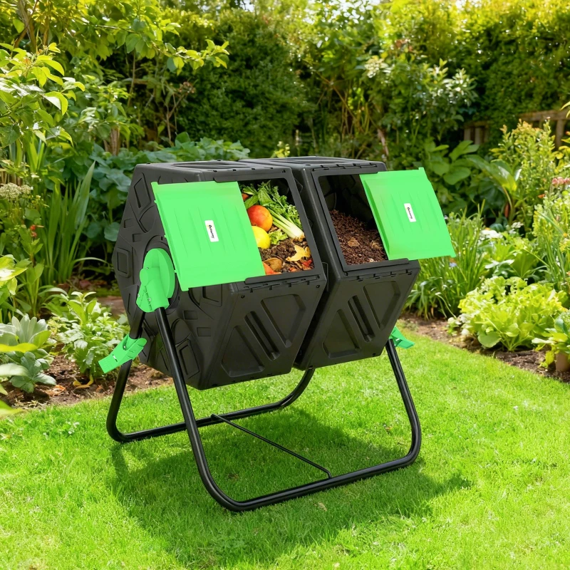 Outsunny Rotating Composter, Dual Chamber Compost Bin with 24 Vents and Steel Legs, 34.5 Gallon, Green