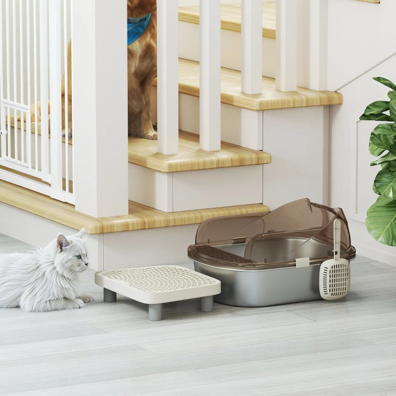 PawHut Stainless Steel Cat Litter Box with High Sided Enclosure, Step, Scoop, Non-Sticky & Anti-Urine Leakage, Easy Cleaning