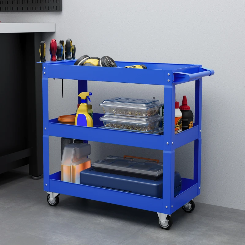 DURHAND 3 Tier Rolling Tool Cart with Wheels, 330 LBS Capacity Heavy Duty Utility Cart, Mobile Service Cart for Garage, Blue