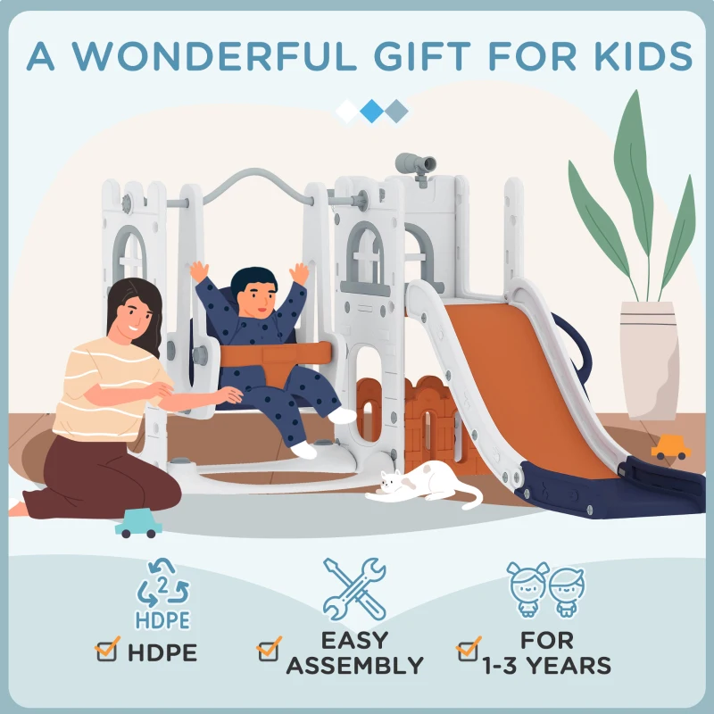 Qaba 6-in-1 Slide and Swing Set Baby Swing Playset Indoor with Basketball Hoop, Climber, Storage Space, Telescope, Orange