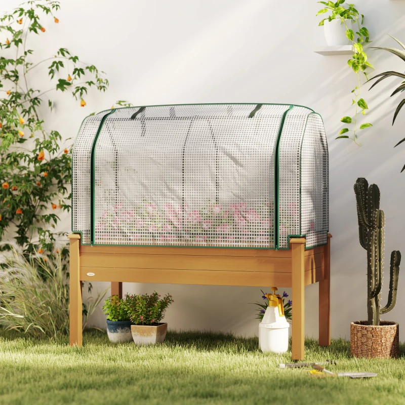Outsunny Raised Garden Bed with PE Greenhouse Cover Outdoor Elevated Wood Planter Box for Herbs and Vegetables Sand