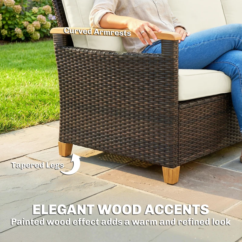 Outsunny 3 Seater Outdoor Couch Sofa, PE Wicker Patio Furniture Couch, Wide Seat, 4" Cushions, Wood-Effect Armrests, Cream White