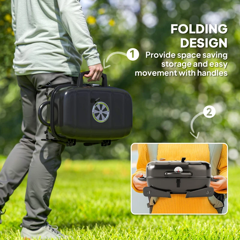 Outsunny Charcoal BBQ Grill, Foldable Barbecue Grill with Warming Rack, Adjustable Vent, Thermometer, Handles, Black