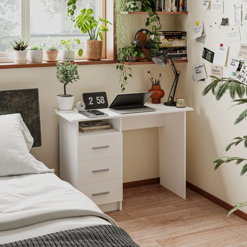 HOMCOM Computer Desk with Storage, 39" Home Office Desk with 3 Drawers nad Open Shelf, Writing Table for Bedroom, White