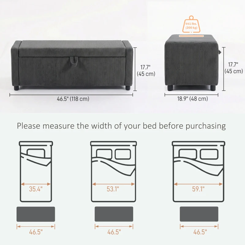 HOMCOM Storage Ottoman, Upholstered Corduroy End of Bed Bench with Thick Padding, Storage Bench for Bedroom, Dark Grey