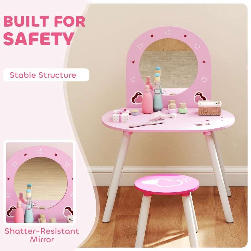 Qaba Kids Dressing Table with Mirror and Stool, Girls Vanity Set for Bedroom, Nursery, for Ages 3-6, Pink