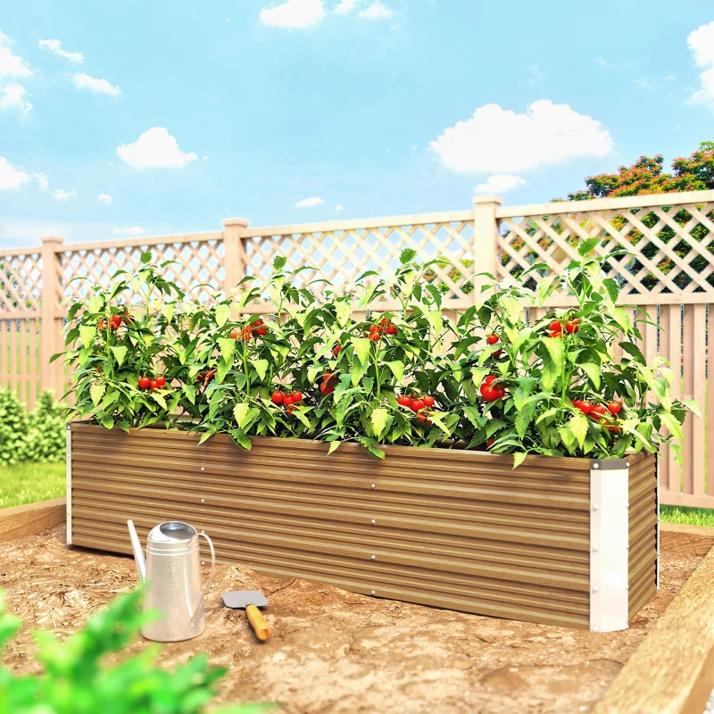 Outsunny 6' x 1.5' x 1.3' Galvanized Raised Garden Bed, Elevated Large Metal Planter Box w/ Install Gloves, Brown Wood Effect