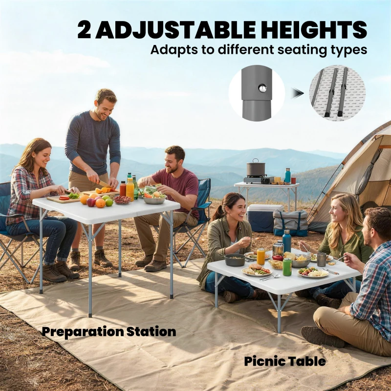 Outsunny Folding Picnic Table Heavy Duty Camping Table 34" x 34", Indoor Outdoor Use for Picnic, Beach, BBQ, White