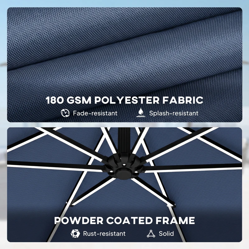 Outsunny 10 ft Offset Patio Umbrella with Solar Light, Garden Hanging Parasol with 360° Rotation, Tilt, Cover, Navy Blue
