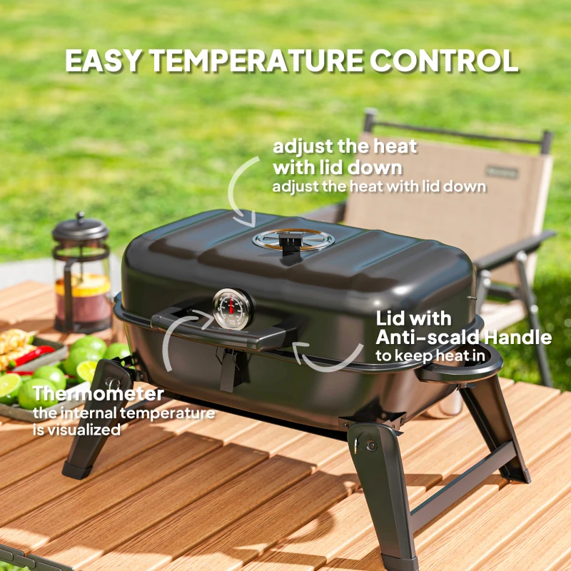 Outsunny Charcoal BBQ Grill, Foldable Barbecue Grill with Warming Rack, Adjustable Vent, Thermometer, Handles, Black