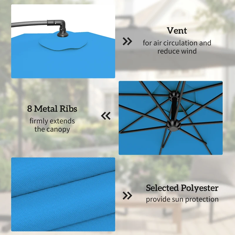 Outsunny 10ft Offset Patio Umbrella with Base, Garden Hanging Parasol with Crank, Banana Cantilever Umbrella Sun Shade, Blue