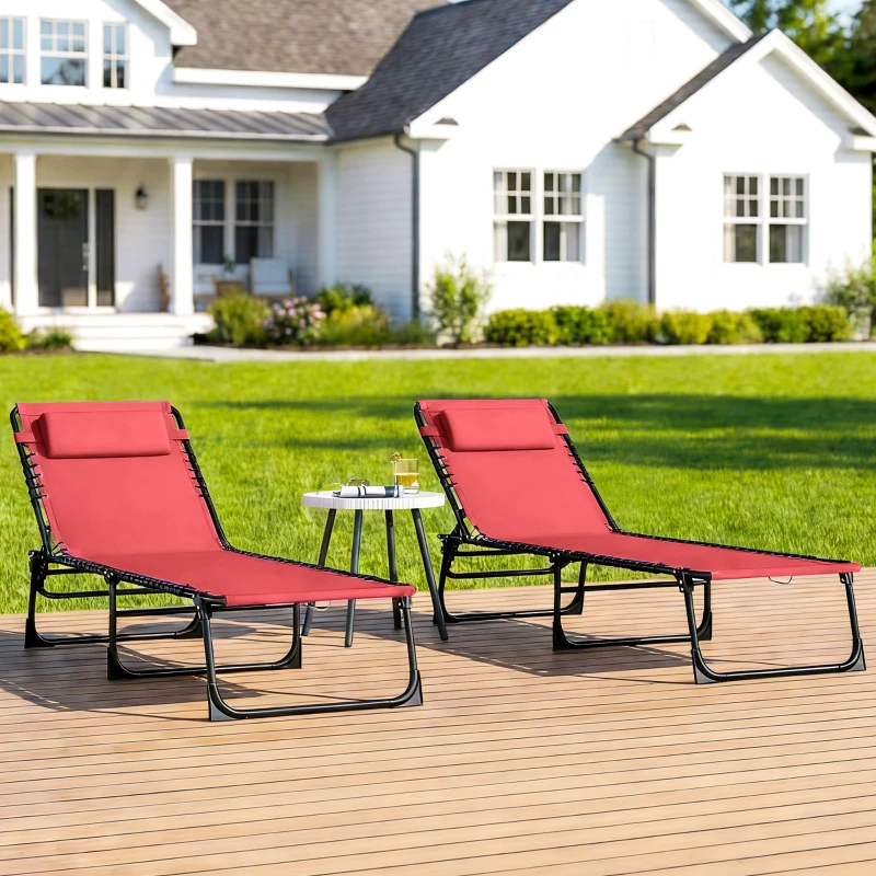 Outsunny 2 PCs Folding Lounge Chairs, Adjustable Chaise Lounge with Headrest, Reclining Lounger Cot for Camping, Hiking, Wine Red