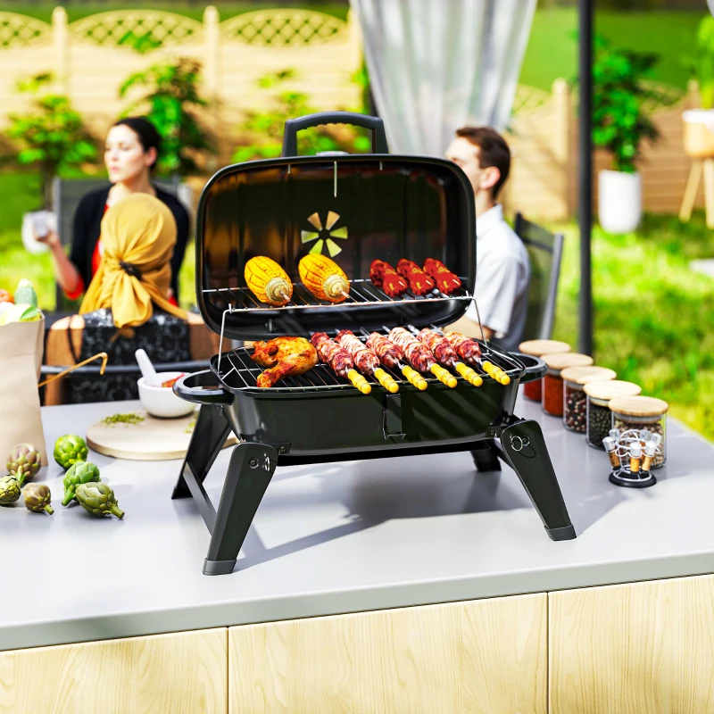 Outsunny Charcoal BBQ Grill, Foldable Barbecue Grill with Warming Rack, Adjustable Vent, Thermometer, Handles, Black