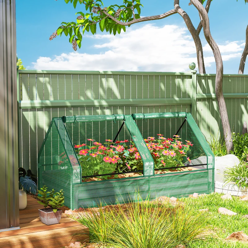 Outsunny 6' x 3' Metal Planter Box with Cover, Raised Garden Bed with Mini Greenhouse for Herbs, Vegetables, Green and Dark Grey