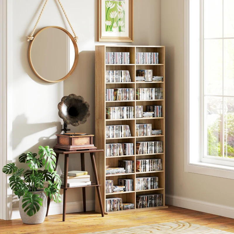 HOMCOM 9-Tier DVD Shelf with 18 Compartments and 14 Adjustable Shelves, Holds 640 CDs, 360 DVDs or 430 Blu-rays, Natural Wood
