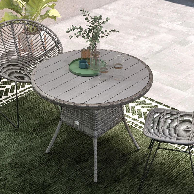Outsunny 35.4" Outdoor Wicker Dining Table, PE Rattan Patio Furniture with Wood-plastic Composite Top, Grey