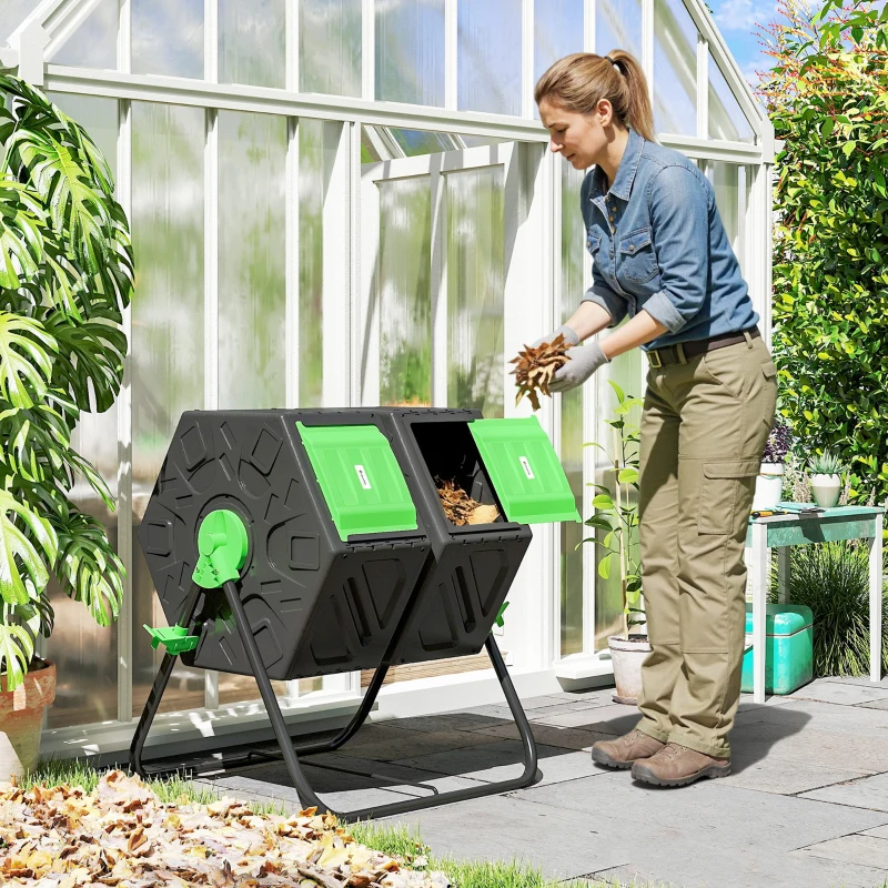 Outsunny Rotating Composter, Dual Chamber Compost Bin with 24 Vents and Steel Legs, 34.5 Gallon, Green