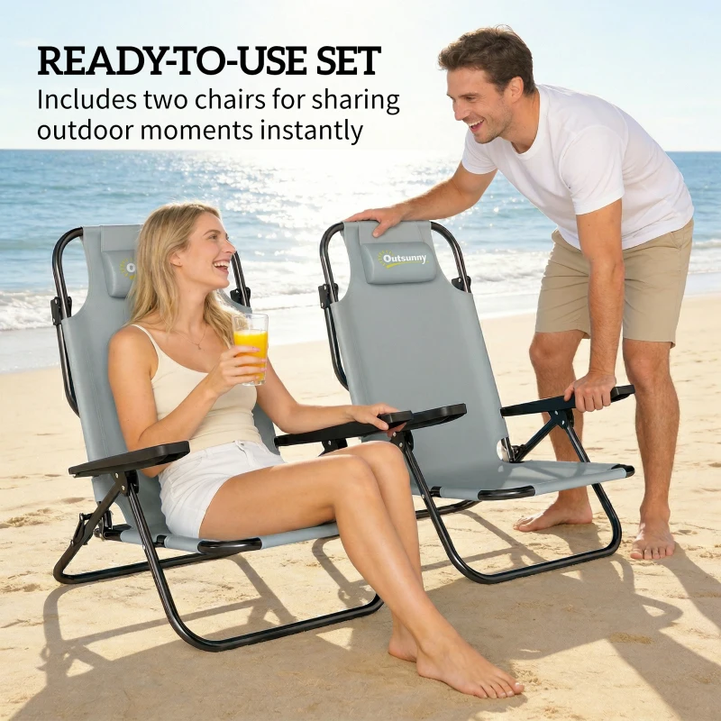 Outsunny Set of 2 Beach Chair 5-Position Adjustable Folding Camping Chair with Headrest Armrests Light Grey
