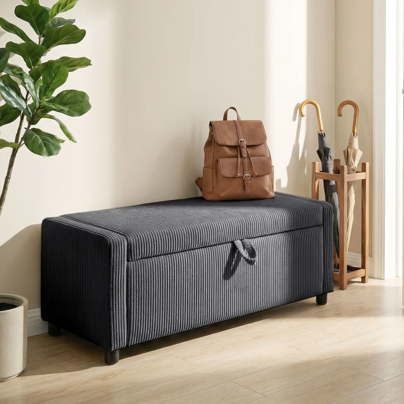 HOMCOM Storage Ottoman, Upholstered Corduroy End of Bed Bench with Thick Padding, Storage Bench for Bedroom, Dark Grey