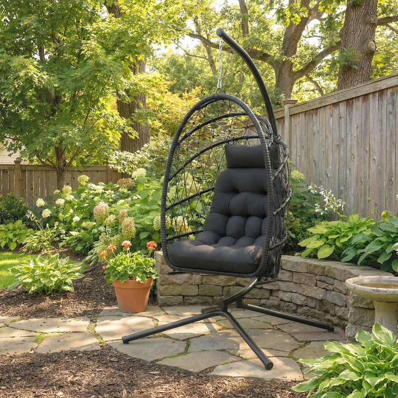 Outsunny Hanging Egg Chair with Stand, Foldable Wicker Rattan Swing Chair with Thick Cushion, Dust Cover and Safety Rope, Black