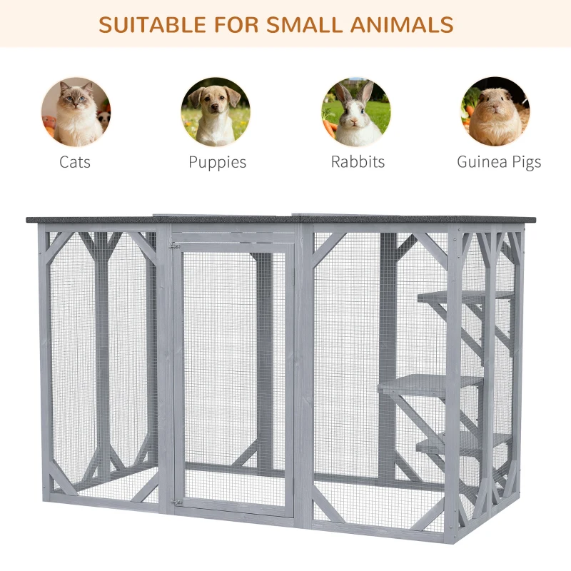PawHut 44.1" H Cat Cage, Indoor Outdoor Wooden Enclosure Pet House, Small Animal Cage Hutch, Suitable for Rabbit, Dogs, Kitten, Crate Kennel with Waterproof Roof, Multi-Level Platforms, Lock, Grey