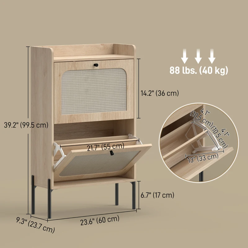 HOMCOM Shoe Cabinet with 2 Flip Drawers, Boho Narrow Shoe Storage Cabinet, Oak
