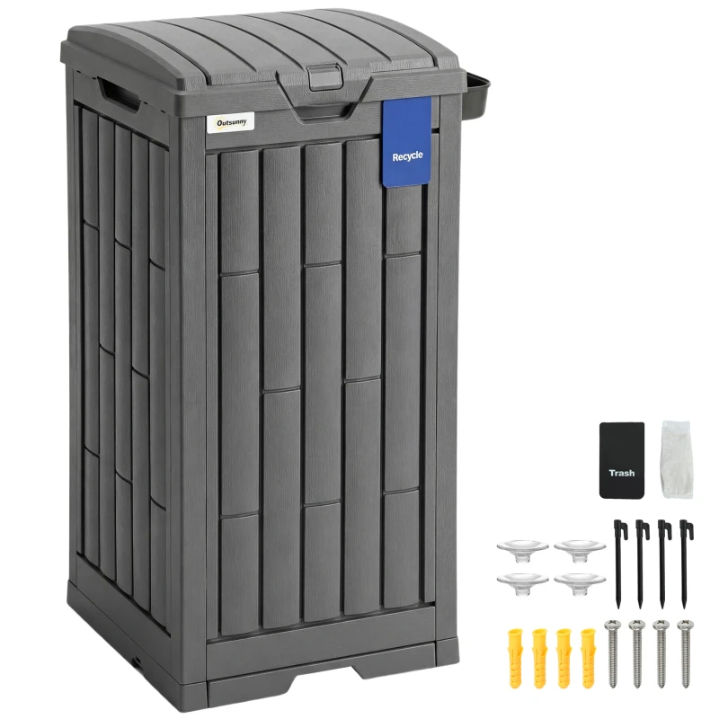 Outsunny 29 Gallon Outdoor Garbage Bin with Dual Lid, Plastic Outdoor Waste Trash Can with Side Holder and Drip Tray, Grey
