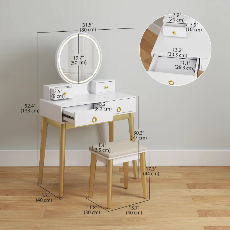 HOMCOM Makeup Vanity Table Set with Round Mirror, Built-in 3 Color LED Light, Dressing Desk with 4 Drawers and Cushioned Stool for Bedroom, White