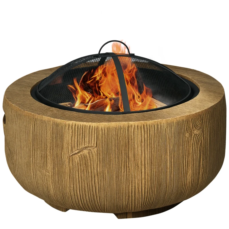 Outsunny Outdoor Fire Pit, 24 Inch Metal Wood Burning Fireplace with Spark Cover, Poker, Woodgrain Design, Light Brown