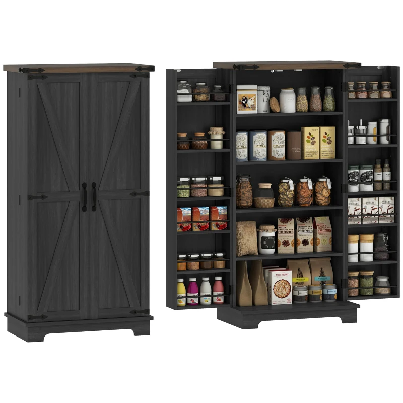 HOMCOM 47" Kitchen Pantry Storage Cabinet, Farmhouse Kitchen Pantry Cabinet with Adjustable Shelves and Door Shelves, Black
