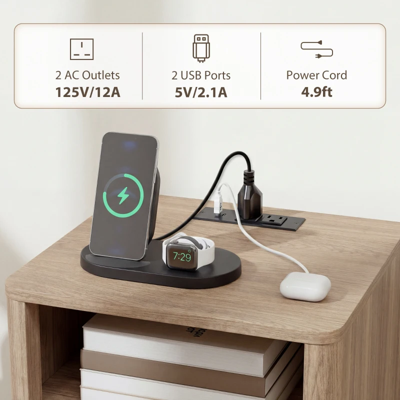 HOMCOM Nightstands Set of 2, Modern Bedside Tables with Charging Station, 2 Drawers and Open Shelf, Grey