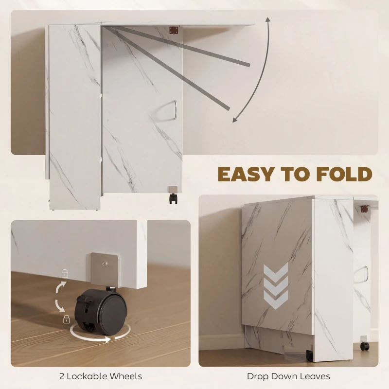 HOMCOM Extendable Dining Table, Collapsible Folding Table with 2-tier Shelves and Rolling Casters, Marble White