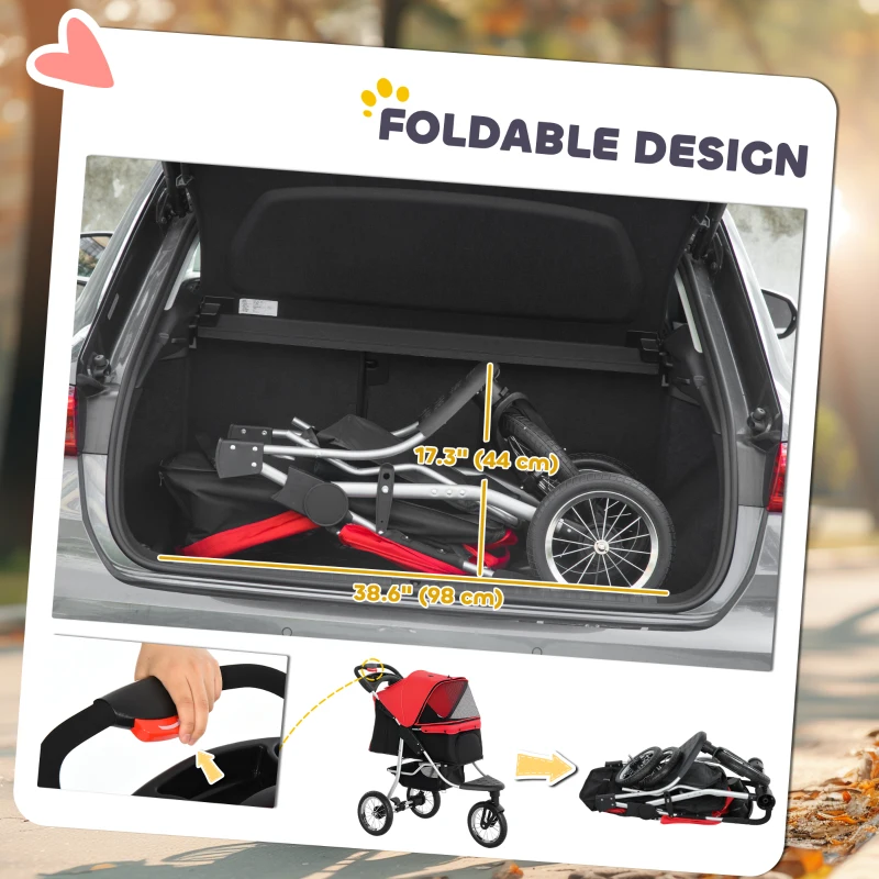 PawHut Luxury Pet Stroller Lightweight Dog Cat Travel Carriage with 3-Rubber Wheels, One-click Folding Design, Adjustable Canopy, Zippered Mesh Window Door, Red