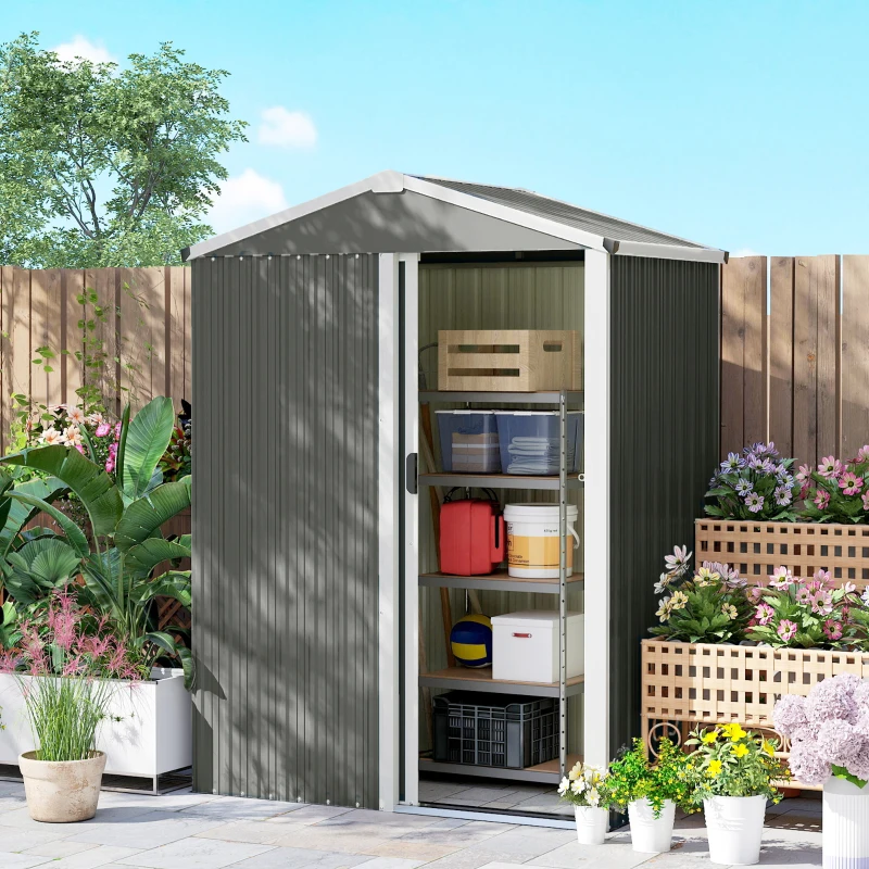 Outsunny 4.5 x 3ft Outdoor Storage Shed, Waterproof Metal Garden Shed with Lockable Door for Backyard, Patio, Lawn, Light Grey