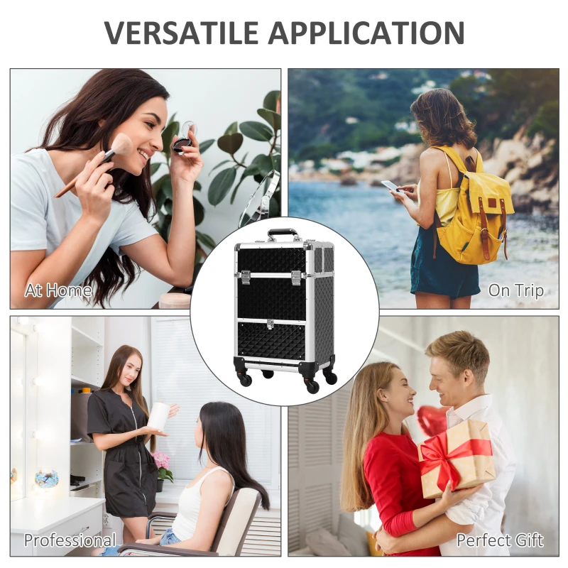 HOMCOM Portable Aluminum Makeup Train Cases, Rolling Makeup Case, Salon Beauty Cosmetic Jewelry Organizer Trolley with 4 Wheels, Black