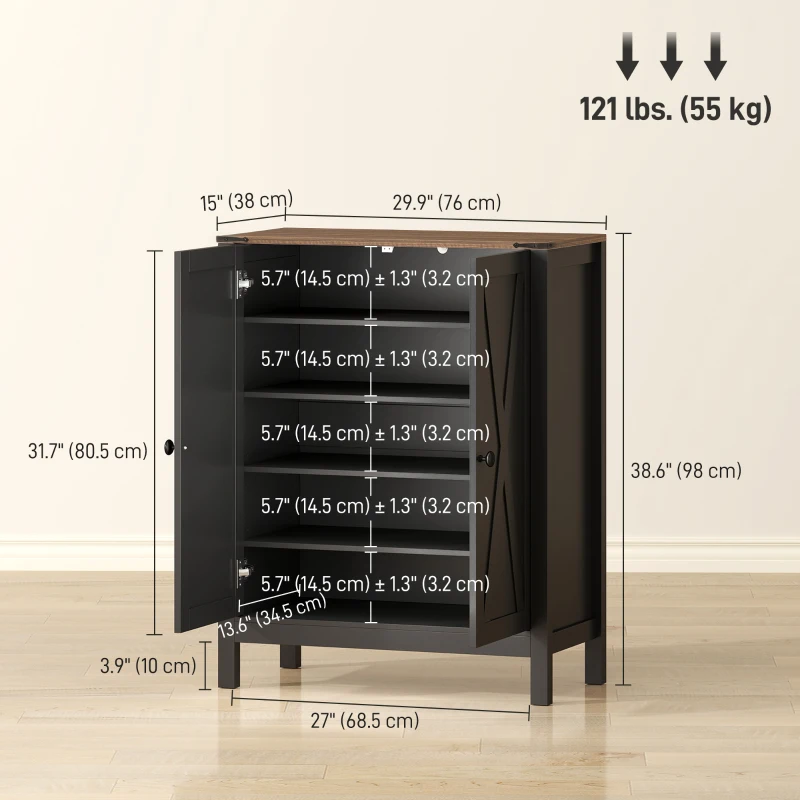 HOMCOM Shoe Cabinet with Barn Doors, Farmhouse Shoe Storage Cabinet with Adjustable Shelves, Holds up to 15 Pairs, Black