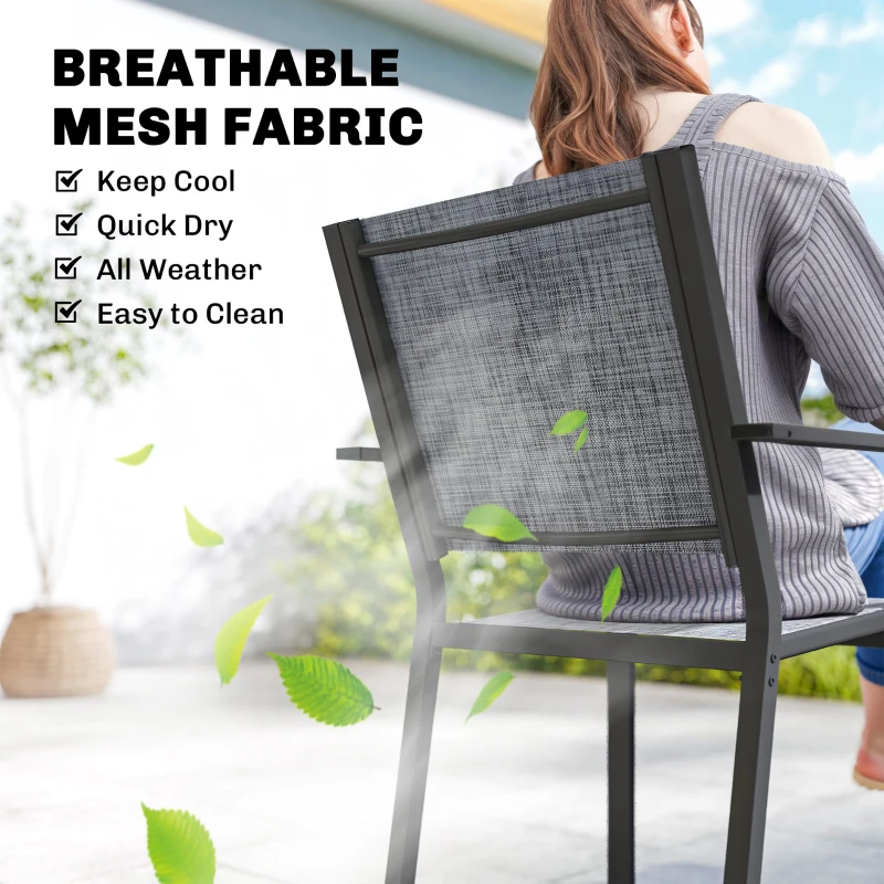 Outsunny Outdoor Dining Set for 6, Faux Wood Metal Patio Table and Mesh Stackable Chairs with Umbrella Hole, Black