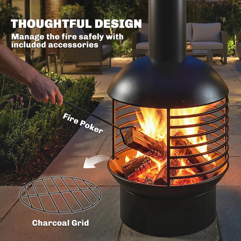 Outsunny Outdoor Fire Pit, Portable Wood Burning Firepit with Poker, Charcoal Grid, Modern Chimney Design Fireplace, Black