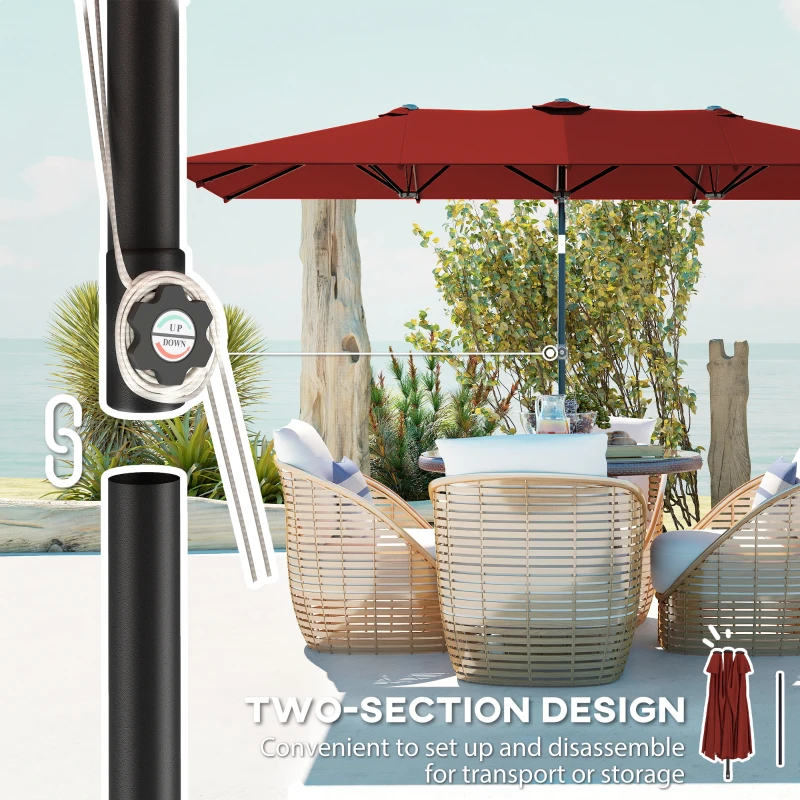 Outsunny Double-Sided Patio Umbrella Parasol with Tilt, Adjustable Height, Vents and 12 Ribs, for Garden, Deck, Pool, Wine Red