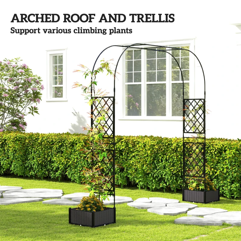 Outsunny Garden Arch Outdoor Trellis Arbor with 2 Planter Boxes, 109.4" x 15.7" x 86.6", Black