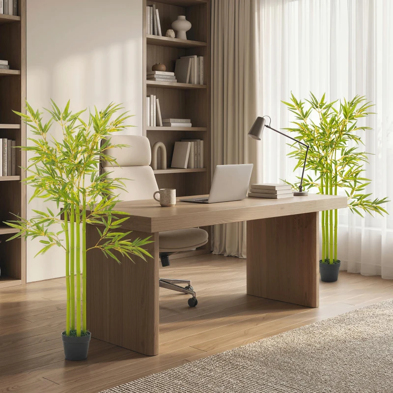 Outsunny 4FT Artificial Bamboo Tree Set of 2, Faux Decorative Plant in Nursery Pot for Indoor Decor