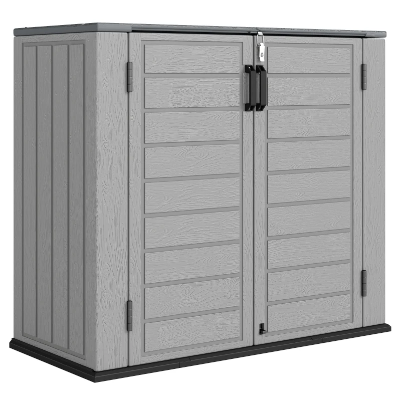 Outsunny 33 Cu.ft Plastic Outdoor Storage Shed, Storage Cabinet Tool Box with Lockable Double Doors and Flip-Top Lid Light Grey