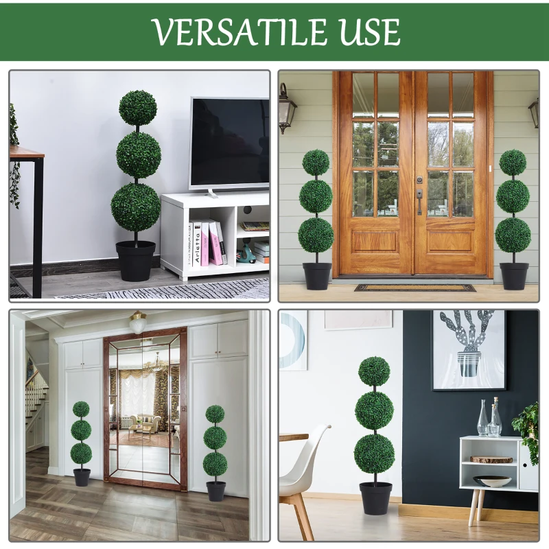 Outsunny Set of 2 Artificial Ball Boxwood Topiary Trees, 44.1" Fake Plants in Pots for Outdoor Indoor Decor, Dark Green