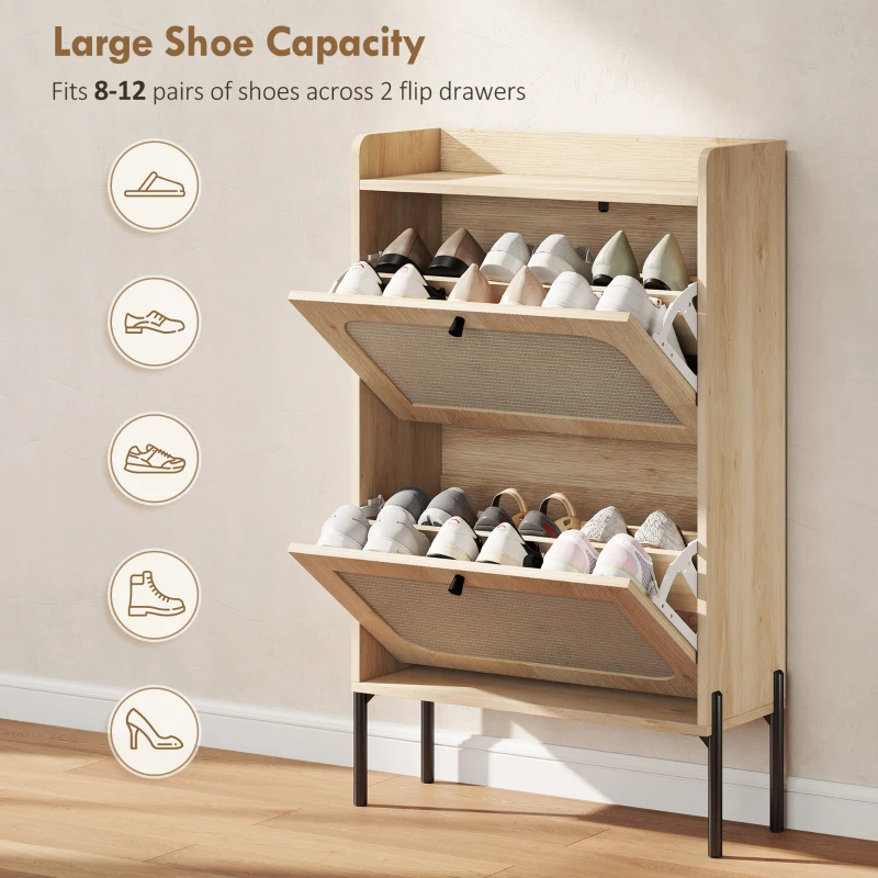 HOMCOM Shoe Cabinet with 2 Flip Drawers, Boho Narrow Shoe Storage Cabinet, Oak