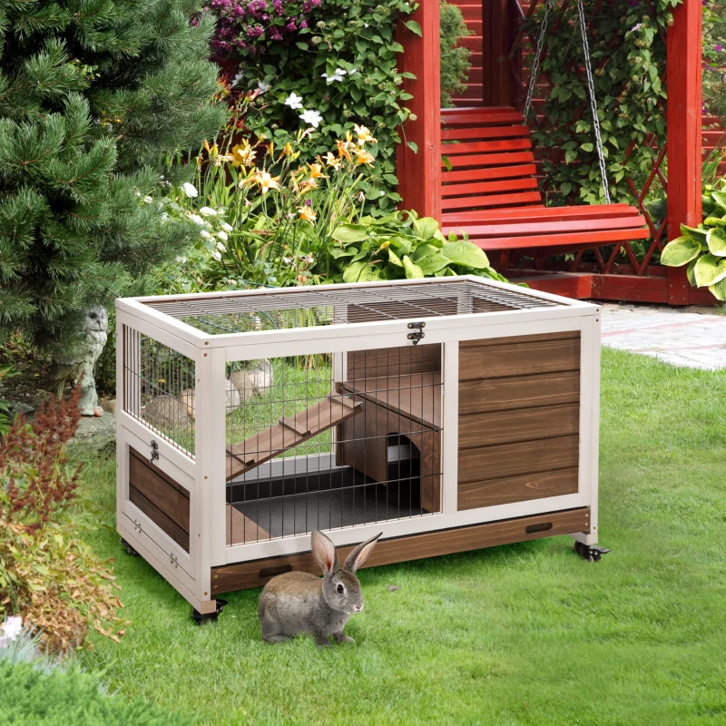 PawHut Wooden Indoor Rabbit Hutch Elevated Bunny Cage Habitat with Enclosed Run with Wheels, Ideal for Rabbits and Guinea Pigs, Brown