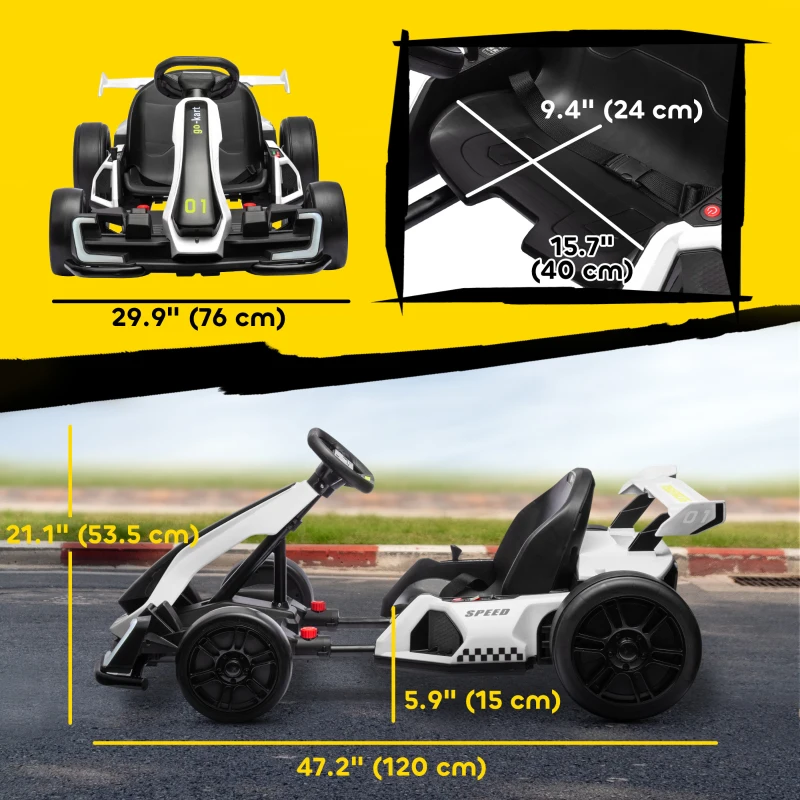 Aosom 24V Electric Go Kart, Battery Powered Kids Drift Kart with Adjustable Seat, Seat Belt, Horn, Music, Light, White